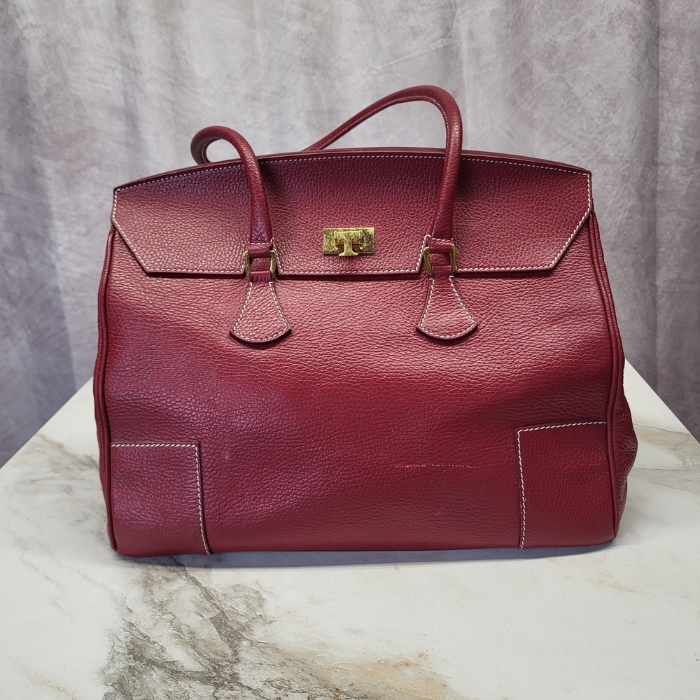 Taryn Rose Red Pebbled Leather Satchel Handbag Tote Gold Hardware Contrast Stitc